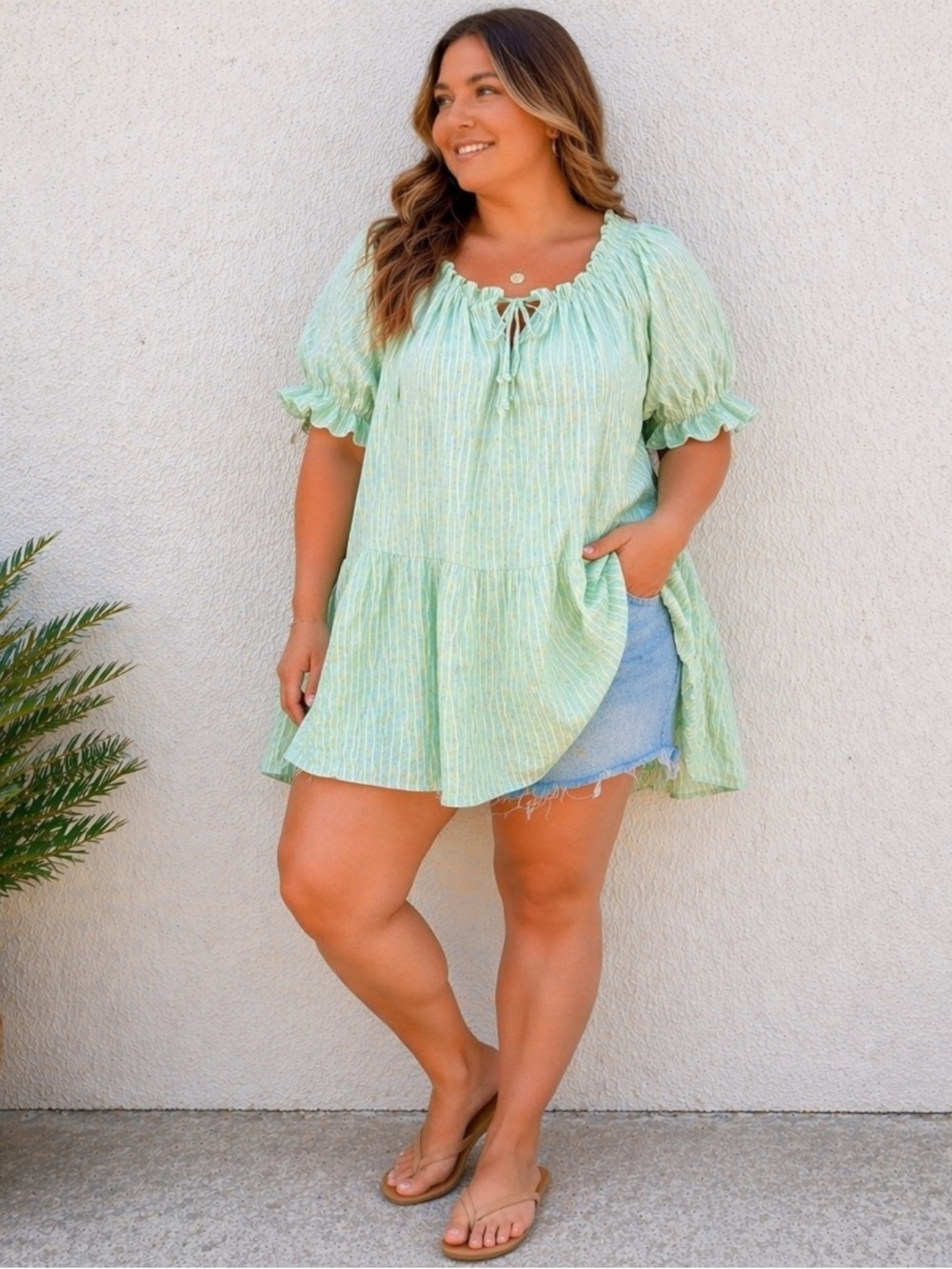 Handmade 100% Linen Mint Green Stripe Dress/Tunic - Picture 2 of 9